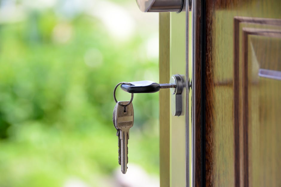 Llave introducida en la cerradura de una puerta sobre fondo verde difuminado, símbolo de seguridad e inmobiliario.